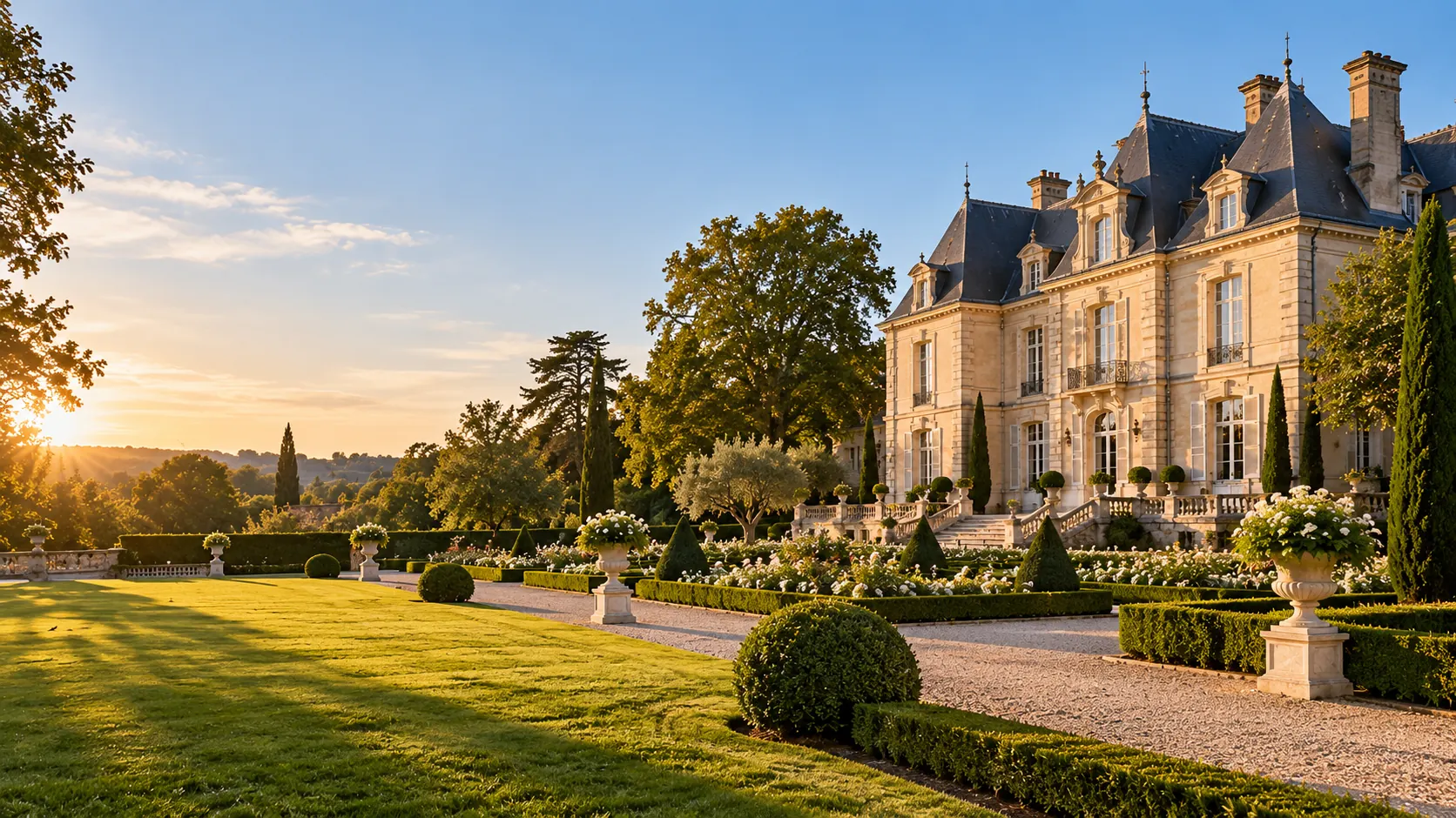 Château entouré de jardins à la française parfaitement entretenus