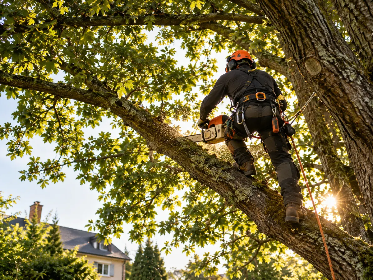 Élagueur taillant une branche de chêne